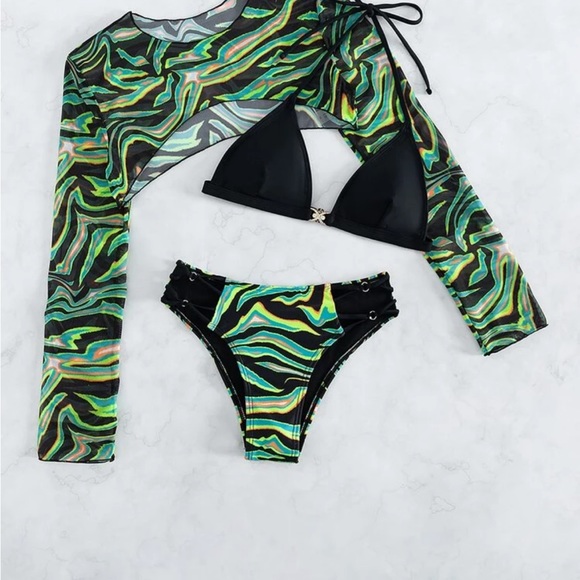 Allover Print Halter Triangle Bikini Swimsuit With Cover Up - Picture 3 of 10